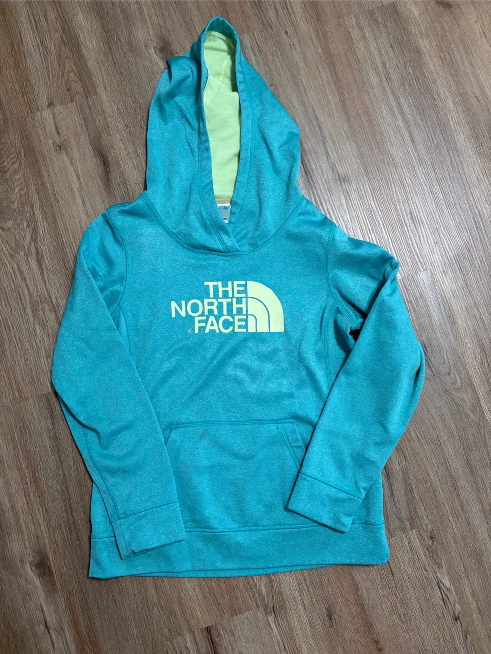 The North Face  Teal Hoodie with Yellow Logo